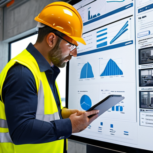 Home 15 **Construction site office interior:** Busy construction manager reviewing blueprints on a tablet, data dashboards visible on a large screen, hard hats and safety vests hanging nearby.