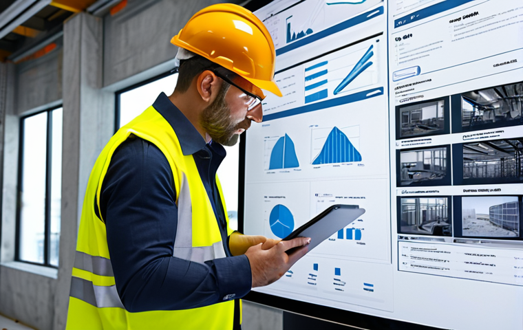 **Construction site office interior:** Busy construction manager reviewing blueprints on a tablet, data dashboards visible on a large screen, hard hats and safety vests hanging nearby.