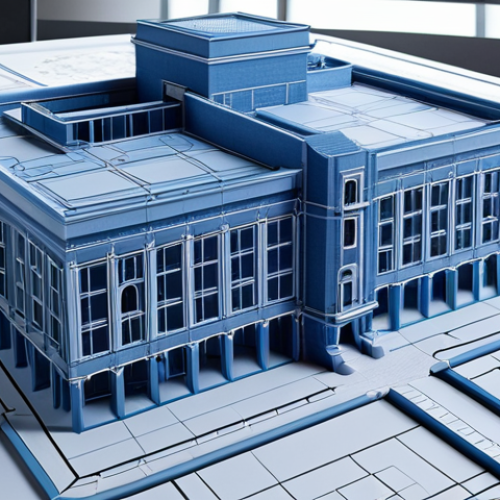 Home 14 A modern architectural blueprint rendered in a 3D model, showcasing spatial reasoning with intricate details and technical accuracy.