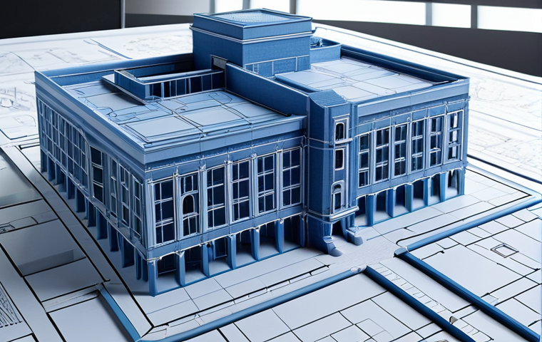 A modern architectural blueprint rendered in a 3D model, showcasing spatial reasoning with intricate details and technical accuracy.