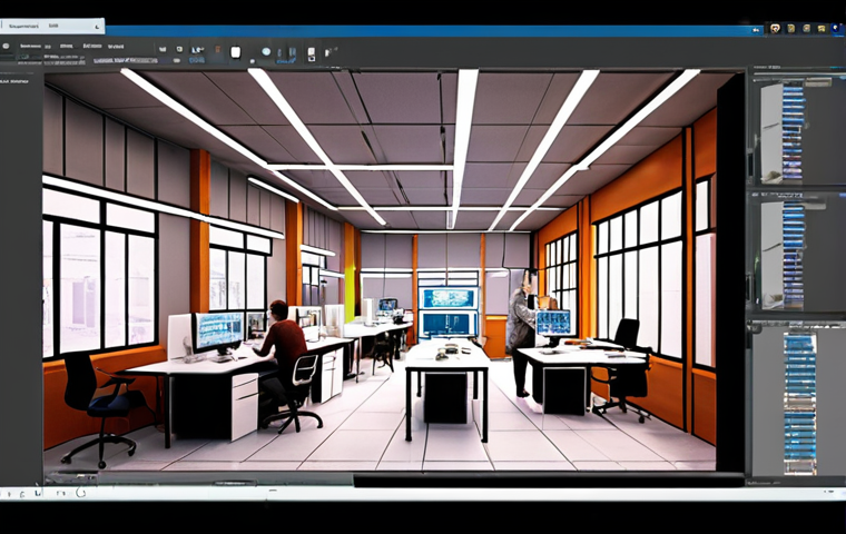 **
A brightly lit architectural studio with architects collaborating on a holographic BIM model of a building. Emphasize modern computers, design software interfaces, and the seamless flow of information between team members. The style should be clean and futuristic, showcasing the efficiency of digital tools in design workflow.
**