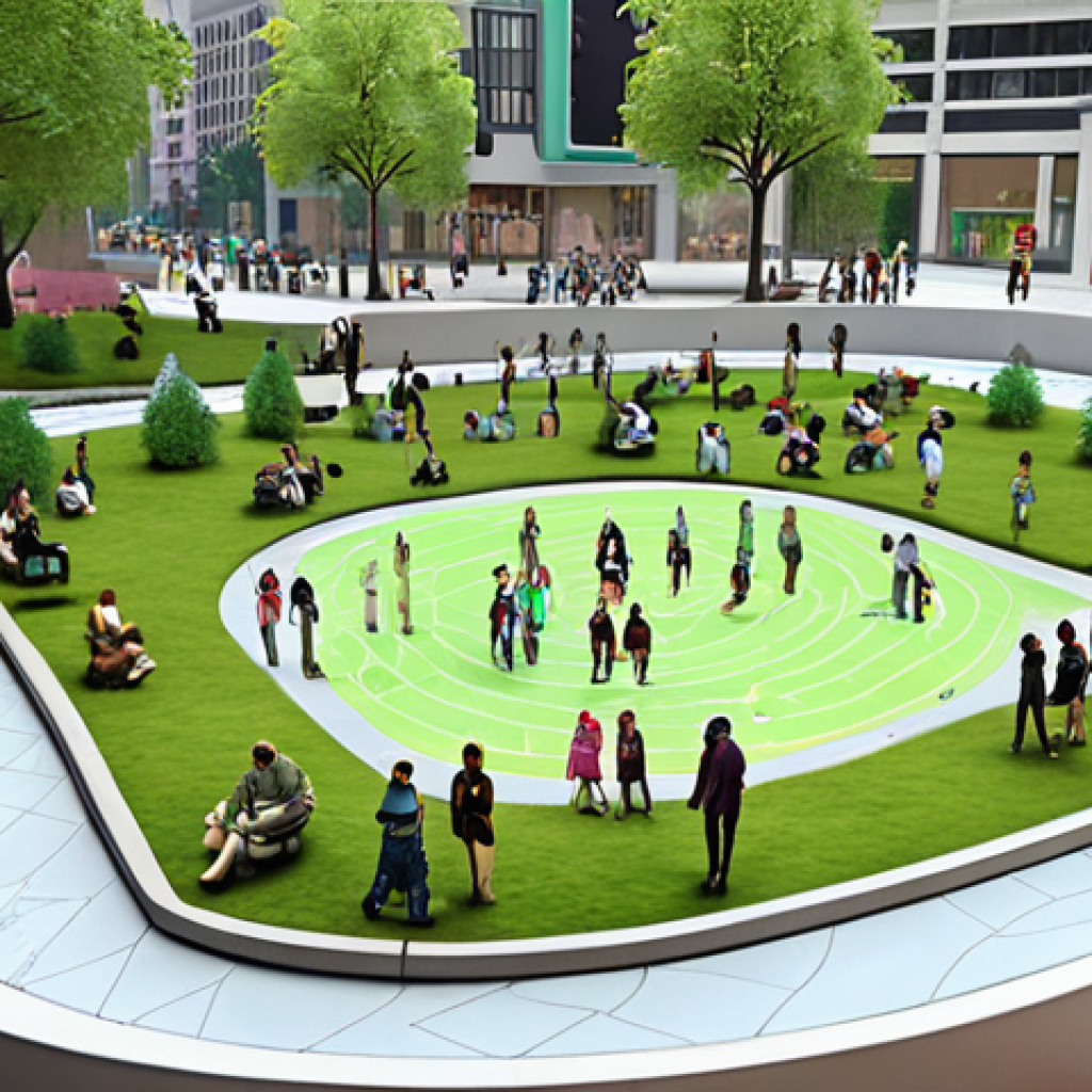 A diverse group of city residents and architects collaboratively engaging in a participatory design session. They are gathered around an interactive holographic map or a large digital screen displaying a futuristic, green urban landscape, complete with lush parks, green roofs, and pedestrian-friendly zones. The scene conveys a sense of community, innovation, and shared vision for a sustainable, inclusive city. The mood is optimistic and forward-looking, with soft natural lighting and a focus on human interaction. Photorealistic, wide shot, detailed.