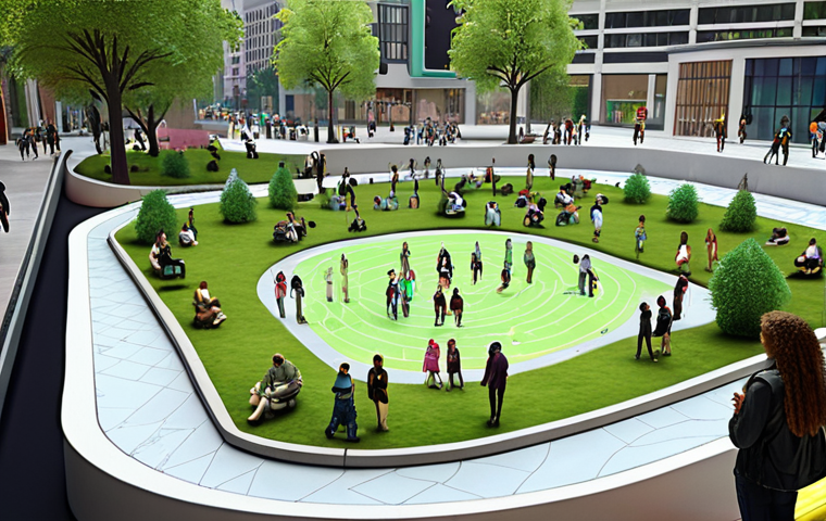 A diverse group of city residents and architects collaboratively engaging in a participatory design session. They are gathered around an interactive holographic map or a large digital screen displaying a futuristic, green urban landscape, complete with lush parks, green roofs, and pedestrian-friendly zones. The scene conveys a sense of community, innovation, and shared vision for a sustainable, inclusive city. The mood is optimistic and forward-looking, with soft natural lighting and a focus on human interaction. Photorealistic, wide shot, detailed.