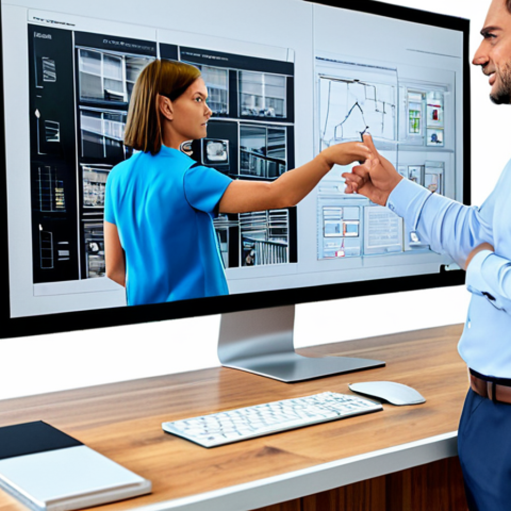A professional male architect and a professional female construction manager, both in modest business attire, are collaborating in a bright, modern office. They stand before a large monitor displaying a detailed 3D BIM model of a building, pointing at specific elements and engaged in a focused discussion. The scene emphasizes digital collaboration and seamless communication. fully clothed, appropriate attire, professional dress, safe for work, appropriate content, professional, perfect anatomy, correct proportions, natural pose, well-formed hands, proper finger count, natural body proportions, high resolution, professional photography, realistic rendering.