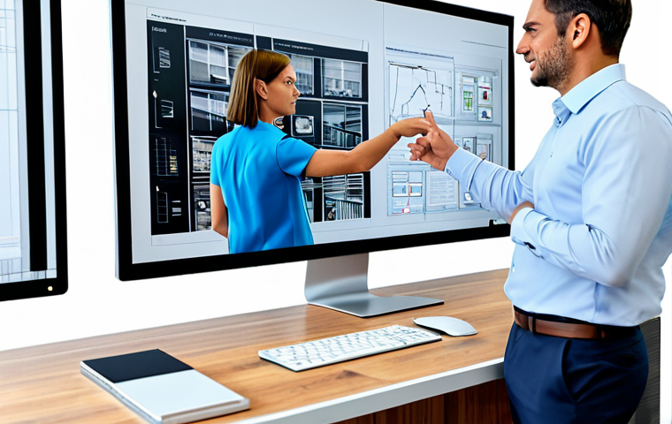 A professional male architect and a professional female construction manager, both in modest business attire, are collaborating in a bright, modern office. They stand before a large monitor displaying a detailed 3D BIM model of a building, pointing at specific elements and engaged in a focused discussion. The scene emphasizes digital collaboration and seamless communication. fully clothed, appropriate attire, professional dress, safe for work, appropriate content, professional, perfect anatomy, correct proportions, natural pose, well-formed hands, proper finger count, natural body proportions, high resolution, professional photography, realistic rendering.