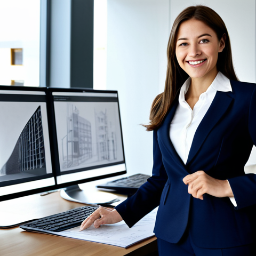 **

"A successful female architect, fully clothed in professional attire (stylish blazer, modest blouse, tailored pants), stands confidently in a modern, sunlit architectural office. She's reviewing blueprints with a friendly smile. Background includes architectural models and computer screens displaying building designs. Safe for work, appropriate content, perfect anatomy, natural proportions, professional setting, high-resolution, well-formed hands, proper finger count."

**