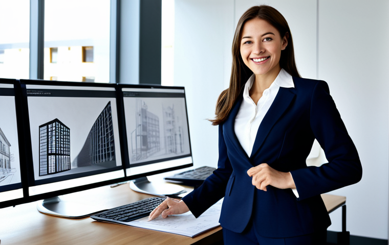 **
"A successful female architect, fully clothed in professional attire (stylish blazer, modest blouse, tailored pants), stands confidently in a modern, sunlit architectural office. She's reviewing blueprints with a friendly smile. Background includes architectural models and computer screens displaying building designs. Safe for work, appropriate content, perfect anatomy, natural proportions, professional setting, high-resolution, well-formed hands, proper finger count."
**