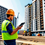 **

A construction site in Moscow featuring a modern apartment building under construction. Focus on the use of BIM technology with a tablet showing a 3D model of the building overlaid on the real structure. Workers are wearing hard hats and safety vests. Cranes and other heavy machinery are visible in the background. The scene should emphasize efficiency and technological advancement. Safe for work, fully clothed, professional construction site.
Perfect anatomy, correct proportions, natural pose, well-formed hands, proper finger count, natural body proportions.

**
