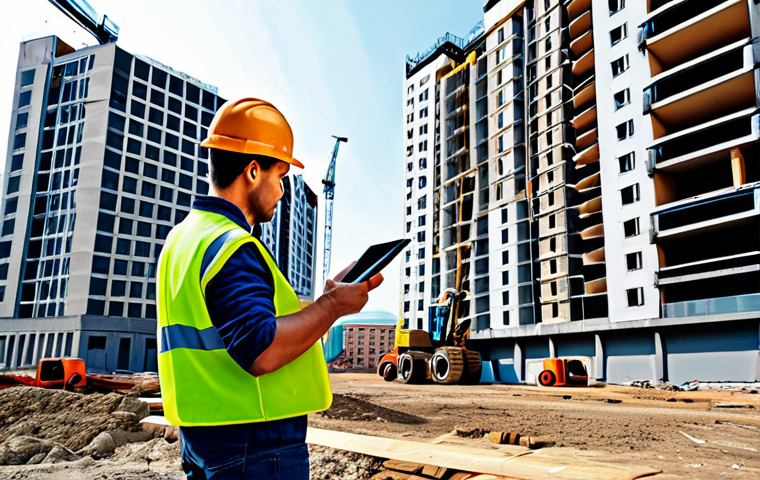 **
A construction site in Moscow featuring a modern apartment building under construction. Focus on the use of BIM technology with a tablet showing a 3D model of the building overlaid on the real structure. Workers are wearing hard hats and safety vests. Cranes and other heavy machinery are visible in the background. The scene should emphasize efficiency and technological advancement. Safe for work, fully clothed, professional construction site.
Perfect anatomy, correct proportions, natural pose, well-formed hands, proper finger count, natural body proportions.
**