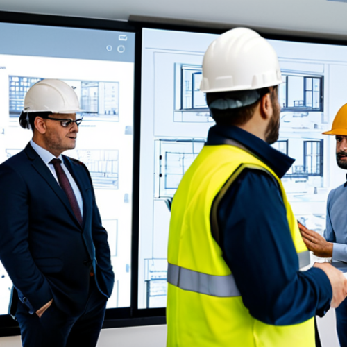**

"A professional team of construction workers and engineers in hard hats and safety vests are gathered around a digital screen displaying a BIM (Building Information Modeling) model of a building project. They are discussing project timelines, resource allocation, and potential risks. The scene is set in a modern construction site office with blueprints and architectural plans visible in the background.  The atmosphere is collaborative and focused.  Safe for work, appropriate content, fully clothed, professional environment, perfect anatomy, correct proportions, natural pose, professional photography, high quality."

**