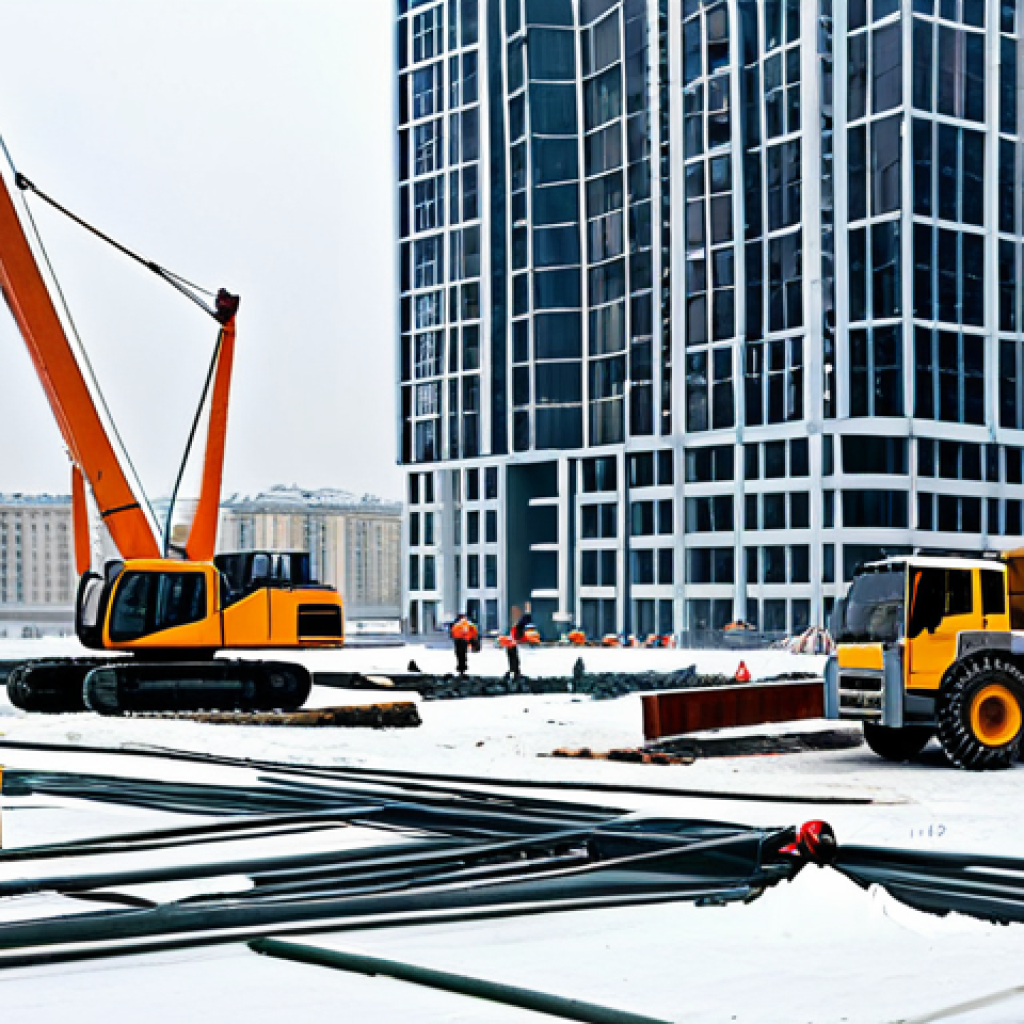 **Prompt:** A bustling construction site in Moscow during the winter, showing the framework of a modern skyscraper under construction. Construction workers in warm clothing are operating cranes and welding metal, with snow-covered buildings in the background. The scene is captured in a realistic style with high detail, emphasizing the cold weather and the scale of the construction project.
