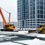 **Prompt:** A bustling construction site in Moscow during the winter, showing the framework of a modern skyscraper under construction. Construction workers in warm clothing are operating cranes and welding metal, with snow-covered buildings in the background. The scene is captured in a realistic style with high detail, emphasizing the cold weather and the scale of the construction project.