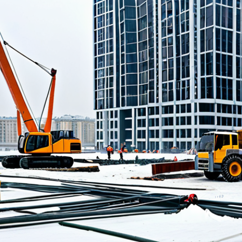 **Prompt:** A bustling construction site in Moscow during the winter, showing the framework of a modern skyscraper under construction. Construction workers in warm clothing are operating cranes and welding metal, with snow-covered buildings in the background. The scene is captured in a realistic style with high detail, emphasizing the cold weather and the scale of the construction project.