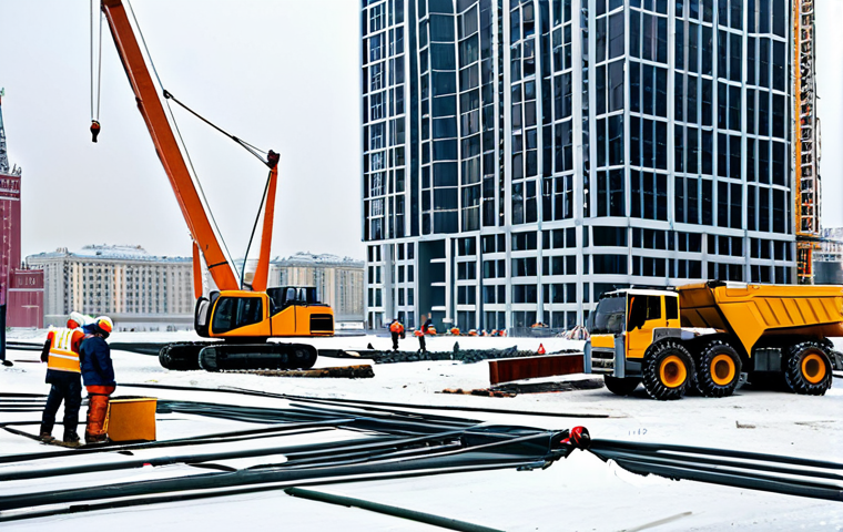 **Prompt:** A bustling construction site in Moscow during the winter, showing the framework of a modern skyscraper under construction. Construction workers in warm clothing are operating cranes and welding metal, with snow-covered buildings in the background. The scene is captured in a realistic style with high detail, emphasizing the cold weather and the scale of the construction project.