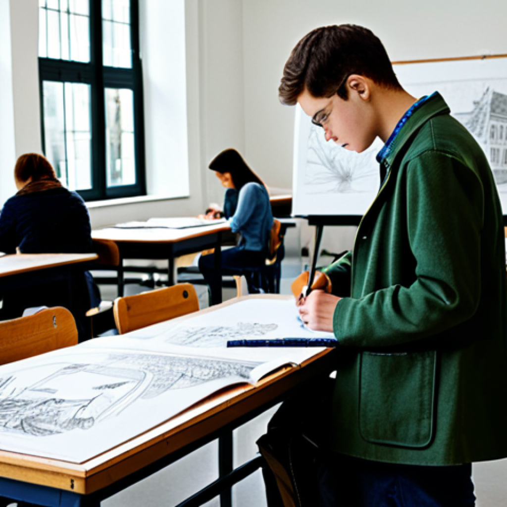 건축가의 성장 기록 블로그 작성법 - **
"An architecture student sketching in a classroom filled with drawing tables and models, fully c...