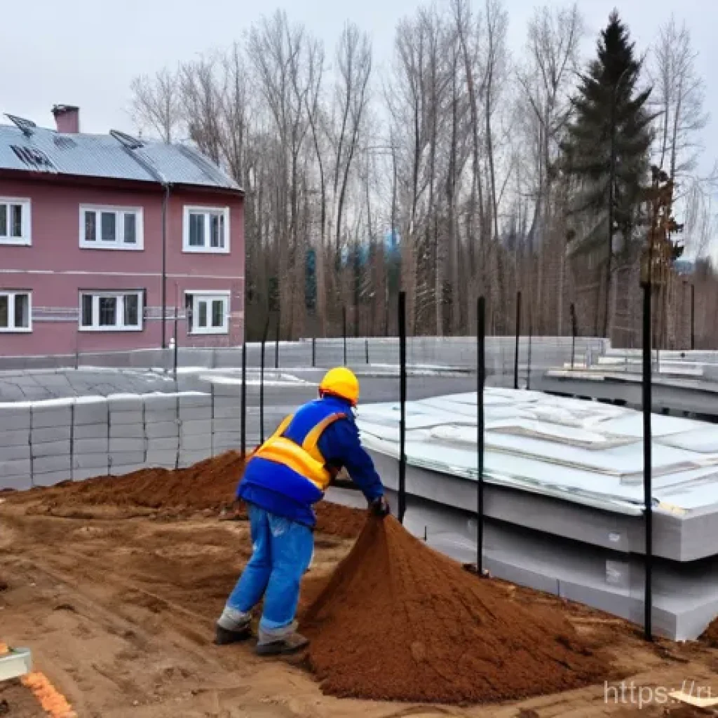 건축 소재의 종류와 특성 - **Prompt:** A construction site scene in a modern Russian village, focusing on the foundational stre...
