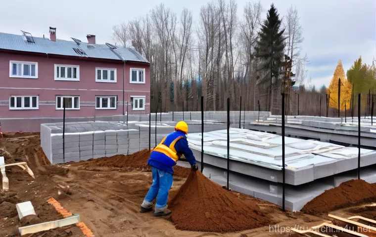 건축 소재의 종류와 특성 - **Prompt:** A construction site scene in a modern Russian village, focusing on the foundational stre...