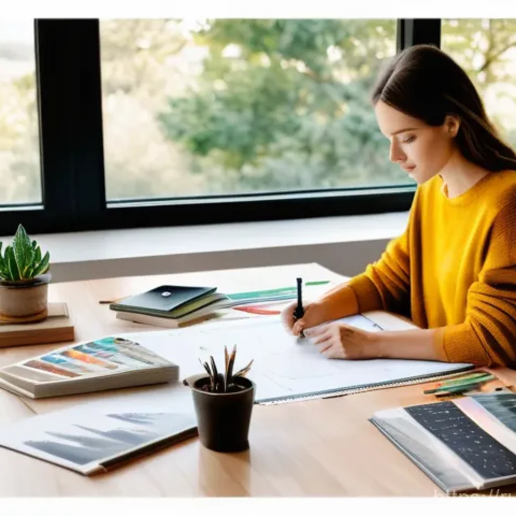 건축 계획과 디자인 과정 - **Prompt:** "A brightly lit home office with a large wooden desk. A young woman, dressed in comforta...