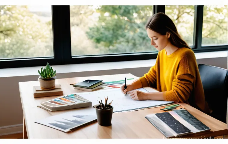 건축 계획과 디자인 과정 - **Prompt:** "A brightly lit home office with a large wooden desk. A young woman, dressed in comforta...