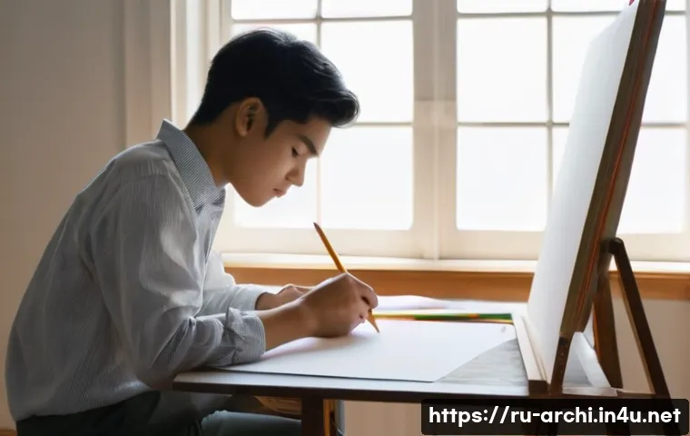 건축사 시험 준비 노하우 - **Prompt 1: Academic Drawing Practice**
    "A young, focused architecture student, wearing a modest...