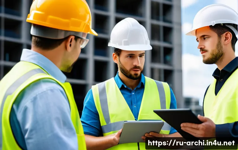 건축 프로젝트에서 갈등 해결하기 - A diverse construction team engaged in a dynamic on-site meeting, featuring architects, engineers, c...