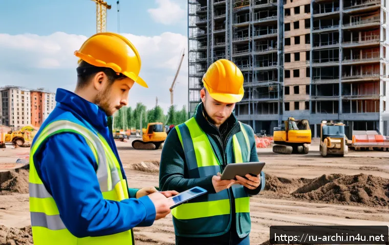 건축 프로젝트의 품질 평가 도구 활용 - A detailed construction site scene in Russia showing a diverse team of engineers and workers using m...