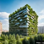 건축 실무에서 창의적 문제 해결 사례 - A modern residential building in Moscow featuring vibrant vertical gardens covering the entire facad...