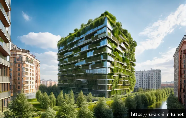 건축 실무에서 창의적 문제 해결 사례 - A modern residential building in Moscow featuring vibrant vertical gardens covering the entire facad...