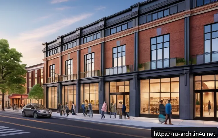 건축가가 직면하는 윤리적 문제와 해결 사례 - A modern urban streetscape featuring a historic building facade seamlessly integrated with smart, en...