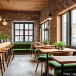 건축 설계와 미학의 관계 - A cozy modern caf&eacute; interior in a Russian city during winter, featuring extensive use of natural mate...