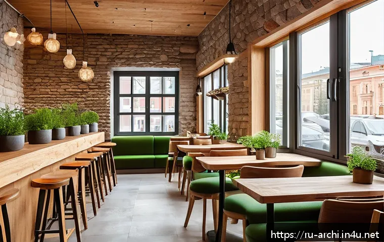 건축 설계와 미학의 관계 - A cozy modern café interior in a Russian city during winter, featuring extensive use of natural mate...