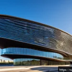 건축 설계와 컴퓨테이셔널 디자인 - A futuristic architectural building with dynamic curvilinear surfaces that change shape according to...