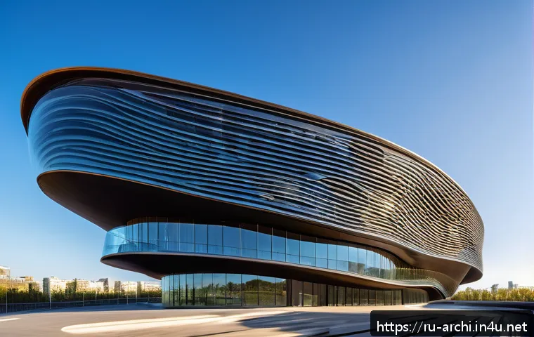 건축 설계와 컴퓨테이셔널 디자인 - A futuristic architectural building with dynamic curvilinear surfaces that change shape according to...