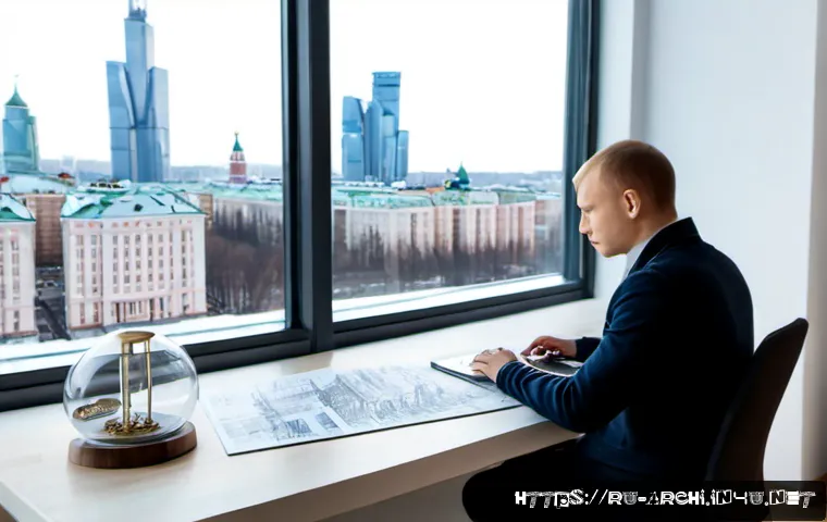건축 실무에서의 자기 계발 노하우 - Photorealistic architectural self-development scene in a contemporary Moscow design studio, focused ...