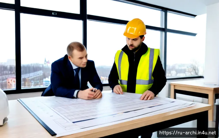 Home 15 건축 프로젝트 관리와 일정 조율 - Photorealistic architectural project manager in a bright modern Moscow construction site office, wea...