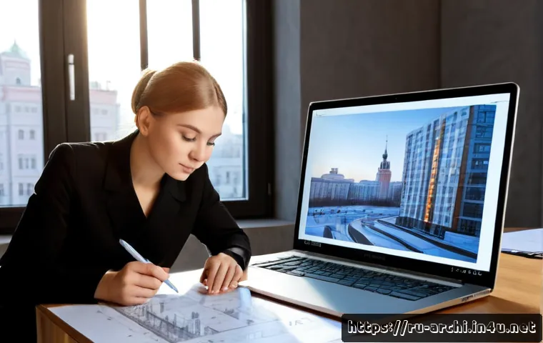 Home 30 건축가로서의 경력 목표 설정 방법 - Photorealistic Russian architect in a modern Moscow studio, thoughtfully reviewing a large unmarked ...